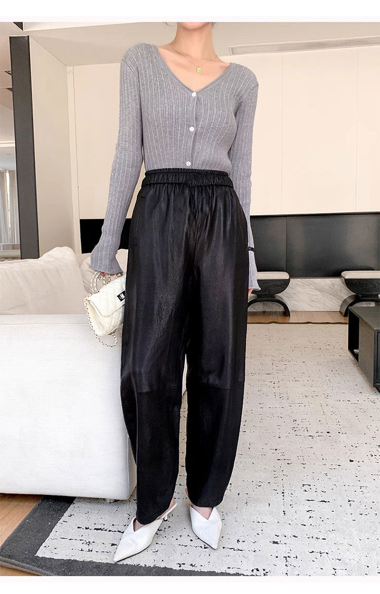 Women’s Leather Trousers High-Waisted Black Wide-Leg Pants