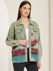 Green Lightweight Denim Jacket for Women with Tribal Woven Back