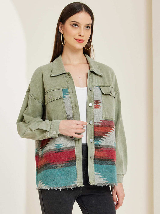 Green Lightweight Denim Jacket for Women with Tribal Woven Back
