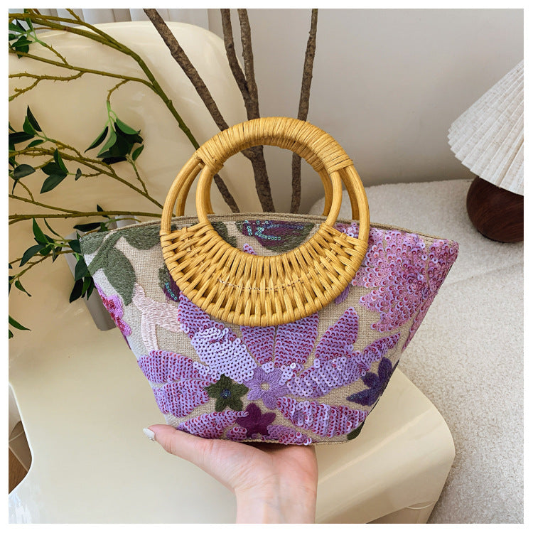 Woven Summer Straw Purse with Bamboo Handle