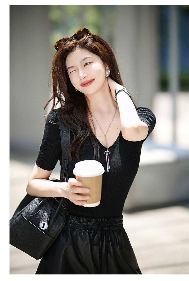Women’s High Waisted Black Leather Shorts Wide-Leg