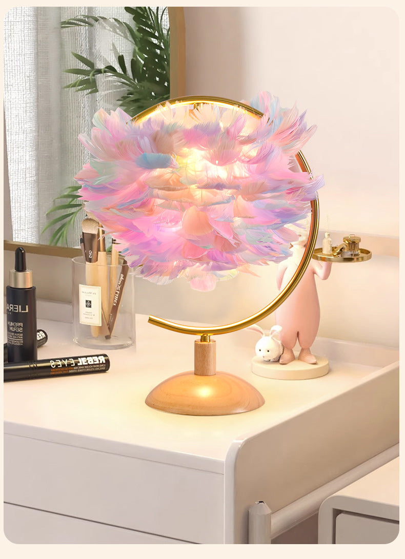 Feather Table Lamp for Bedroom with Wooden Base