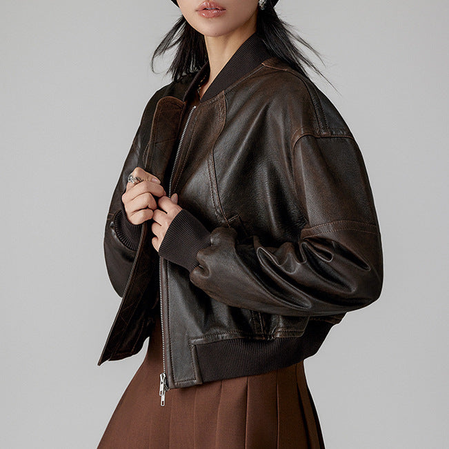 Women’s Genuine Leather Bomber Jacket Retro Baseball Style Coat