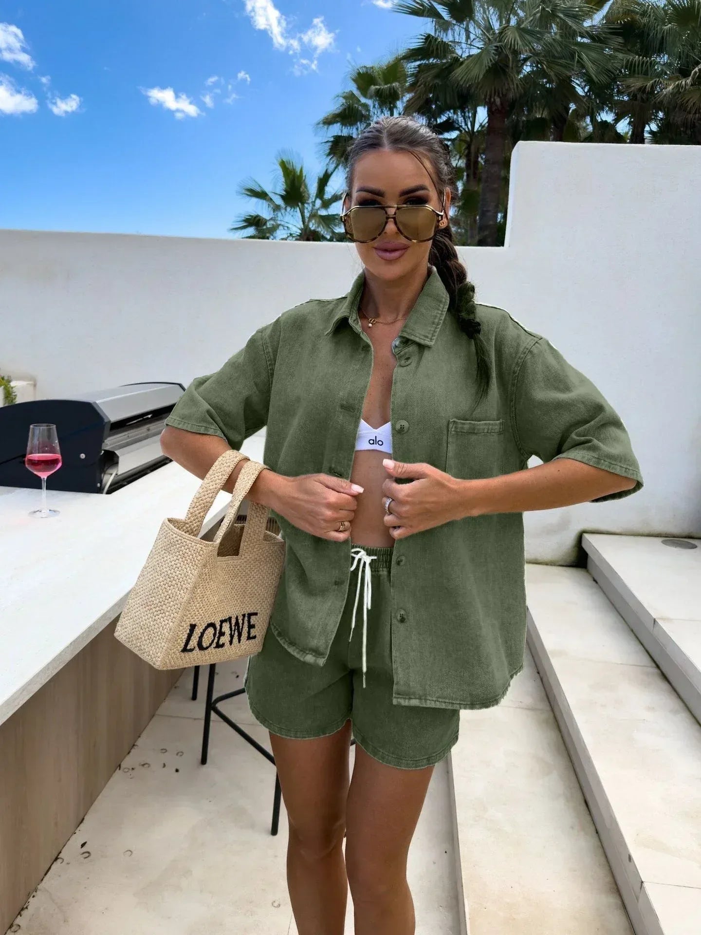 Washed Green Denim Two Piece Set – Button Shirt and Drawstring Shorts