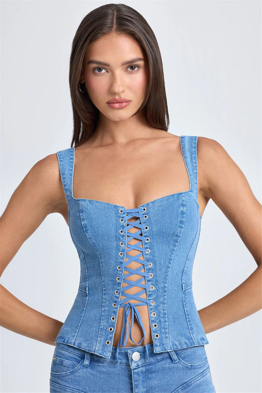 Lace-Up Denim Vest for Women with Adjustable Straps