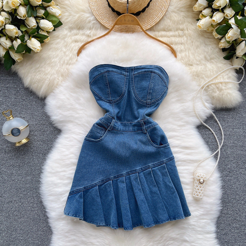 Strapless Denim Mini Bodycon Dress with Pleated Skirt