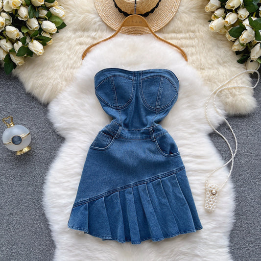 Strapless Denim Mini Bodycon Dress with Pleated Skirt
