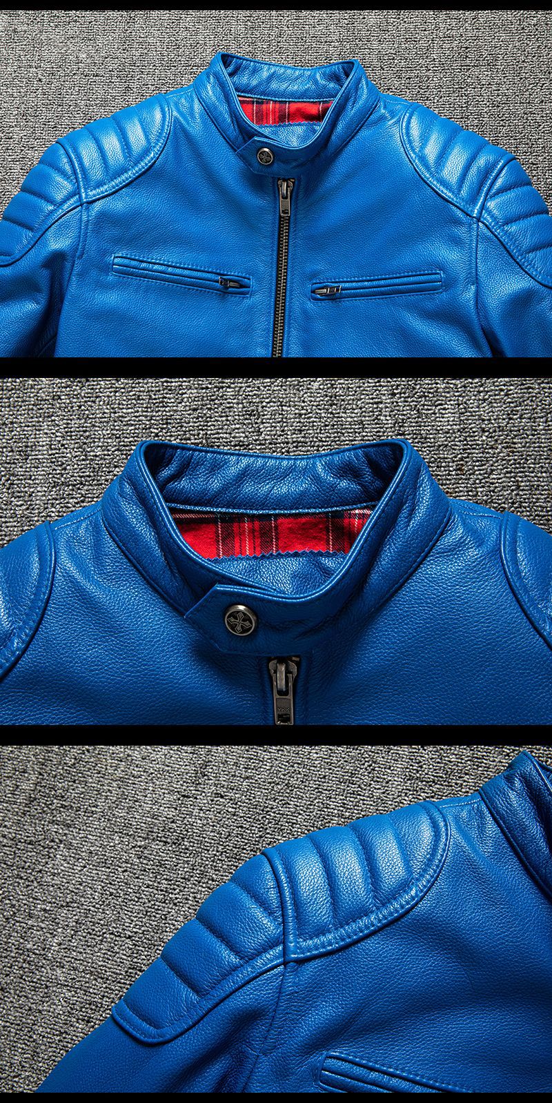 Blue Leather Biker Jacket for Men Slim Fit Motorcycle Style