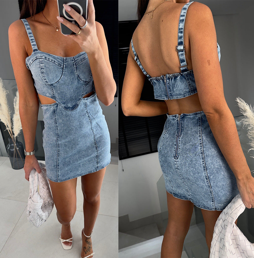 Women’s Denim Suspender Backless Mini Dress