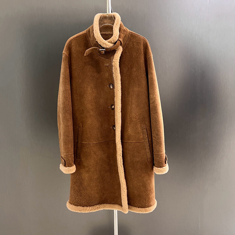 Women Suede Merino Shearling Fur Coat Motorcycle Jacket