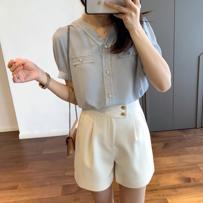 women high waisted shorts button detailed