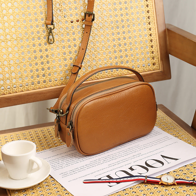 Women Leather Crossbody Bag With Double Zipper Compartments