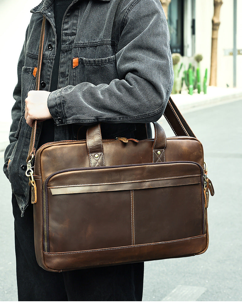 Genuine Leather Laptop Office Bag Briefcase with Trolley Sleeve