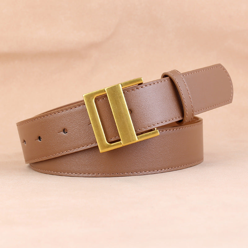 Genuine Leather Belt for Women with Gold Brass Buckle