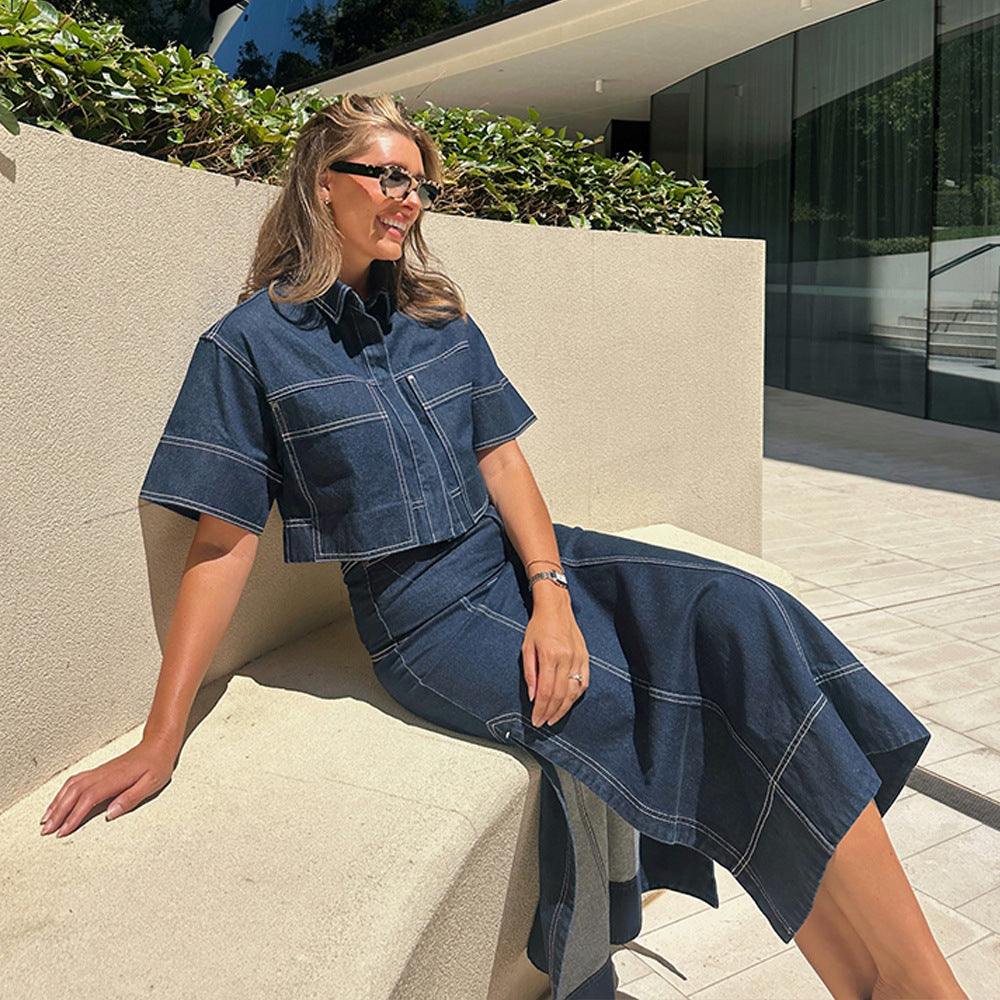 Women’s Denim Two Piece Set Skirt with Slit and Pocket Shirt