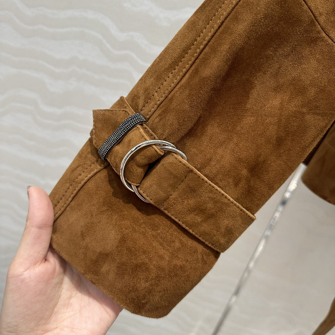 Women Cropped Suede Short Trench Jacket with Belt