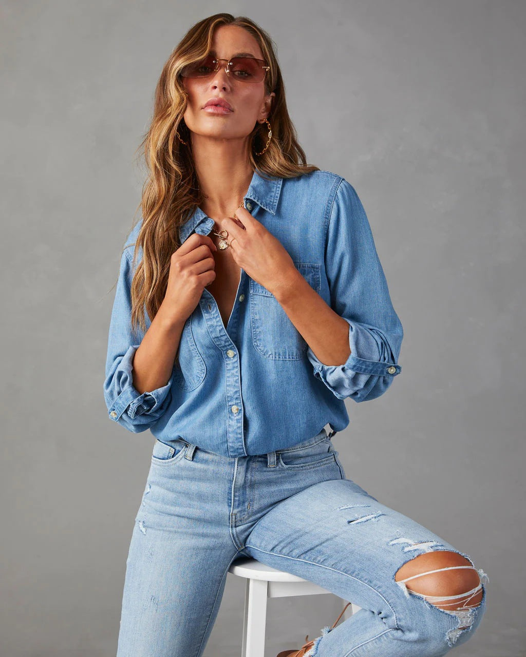 Lightweight Denim Shirt Women Long Sleeve