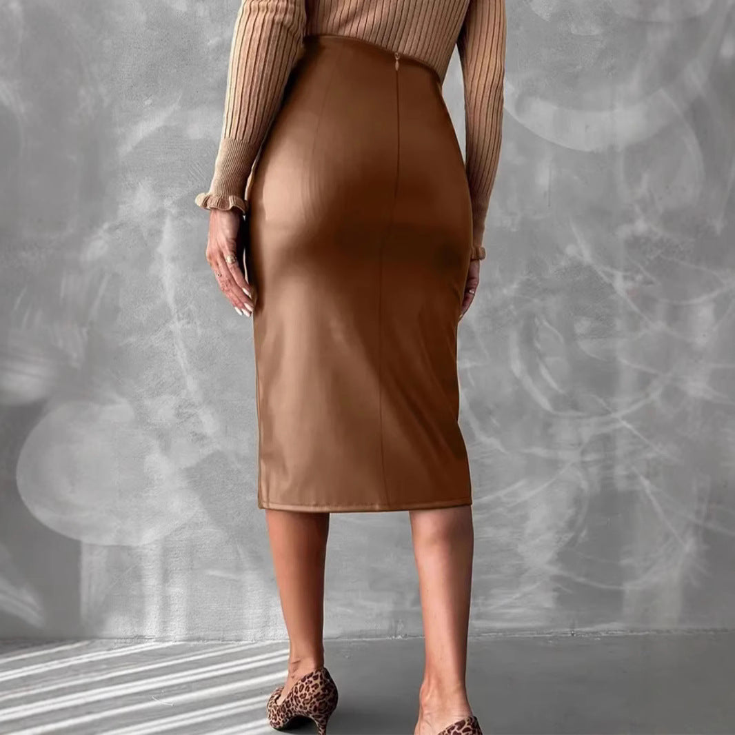 Imitation Leather Brown Long Skirt Slide Slit Hem