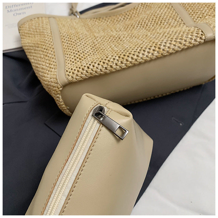 Woven Straw Beach Bag with PU Leather Trim