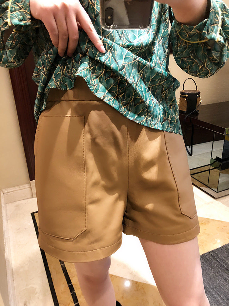 Women’s Genuine Sheepskin Leather High Waist Shorts with Pockets