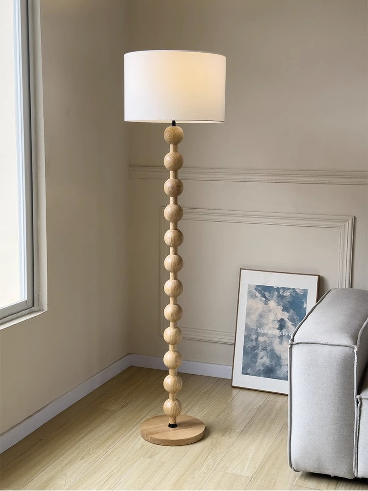 French Medieval Wabi-sabi Wooden Floor Lamp with Cloth Shade