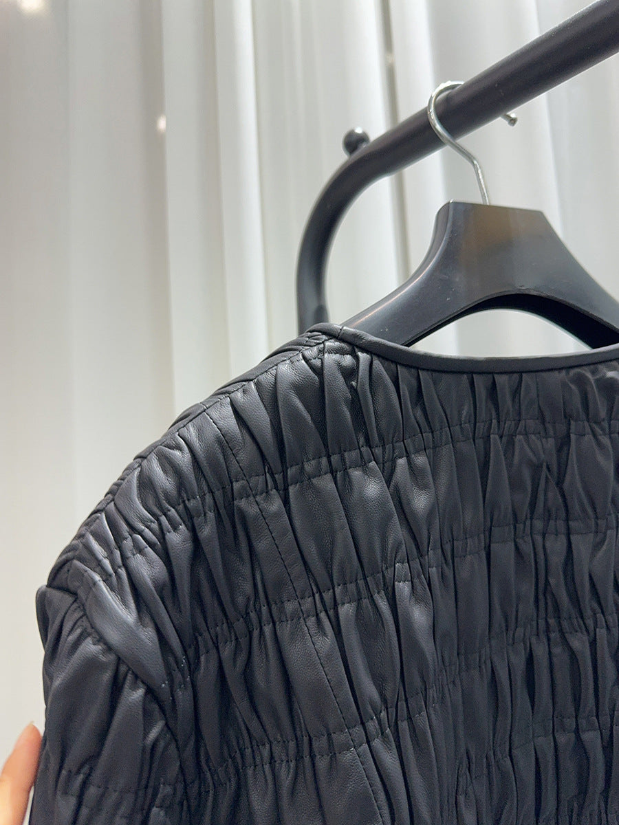 Women Leather Pleated Jacket Quilted V-Neck Short Coat