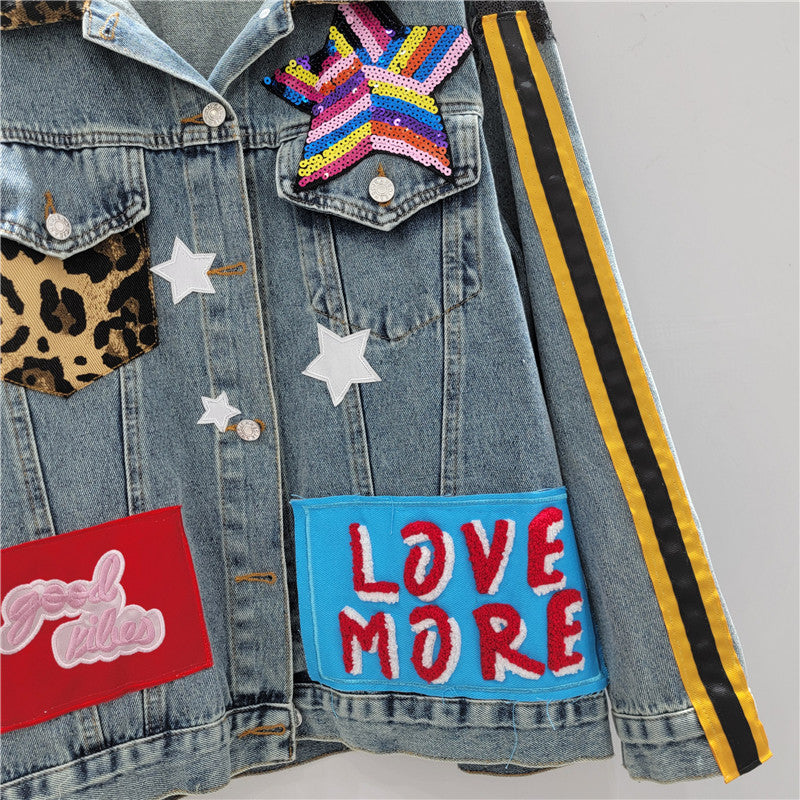 Women’s Sequin Patch Denim Jacket Street Style Jean Coat