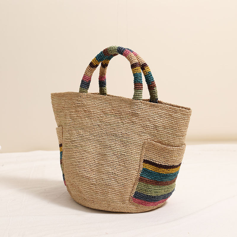 Woven Summer Straw Raffia Tote with Rainbow Handles