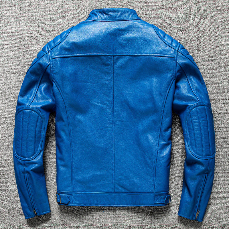 Blue Leather Biker Jacket for Men Slim Fit Motorcycle Style