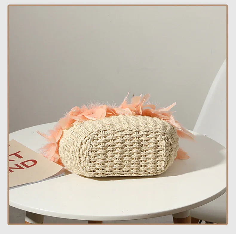 Woven Feather Straw Beach Bag White Fringe
