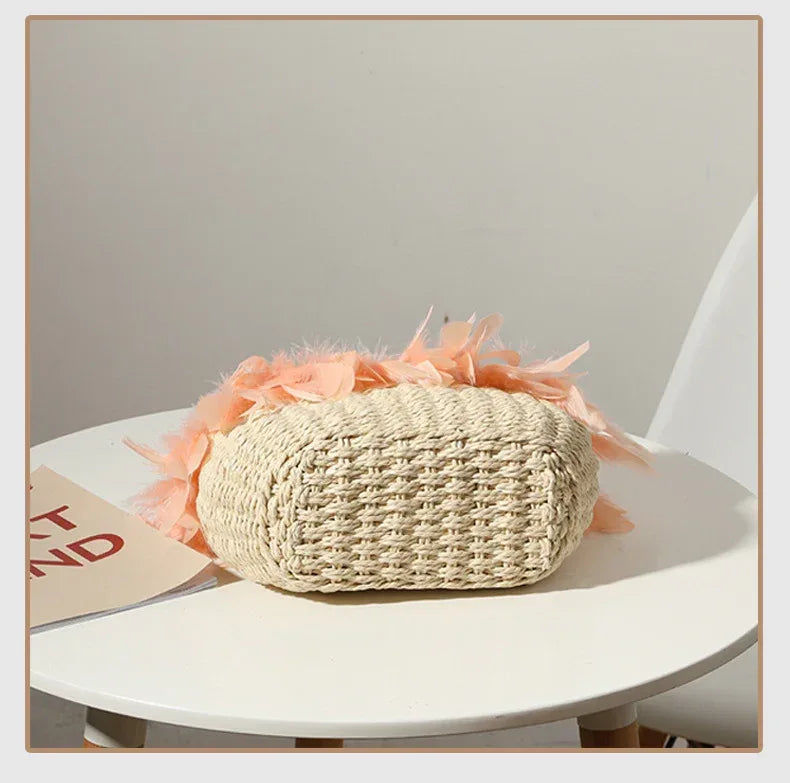 Woven Feather Straw Beach Bag White Fringe