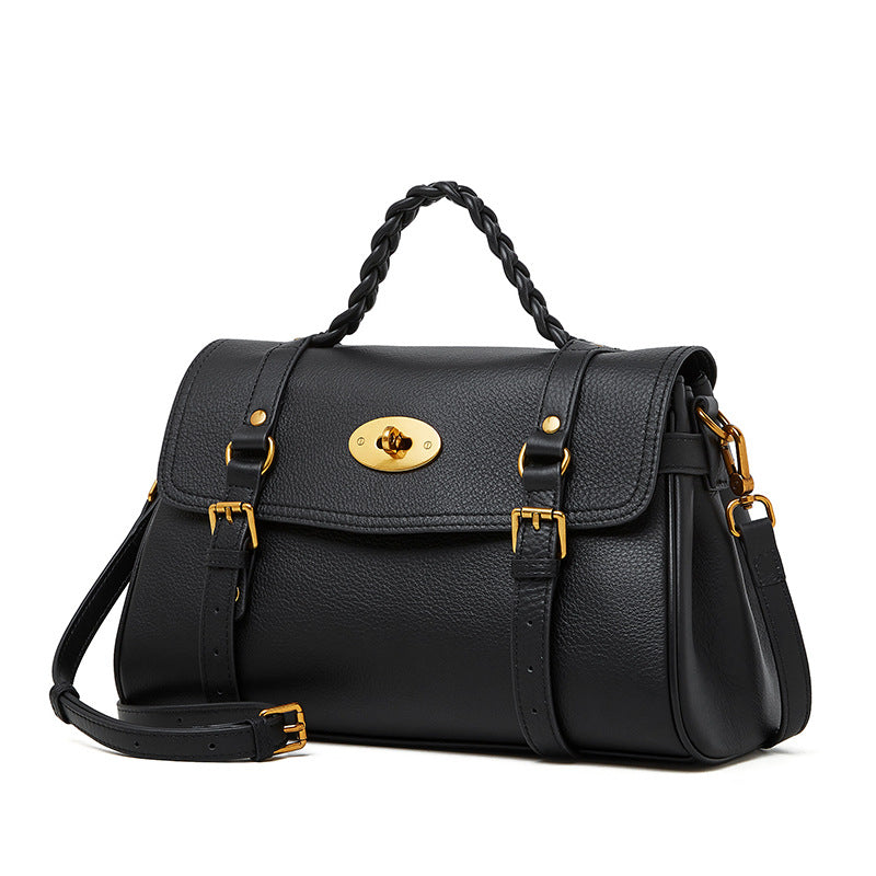 Black Leather Shoulder Bag for Women Braided Handle