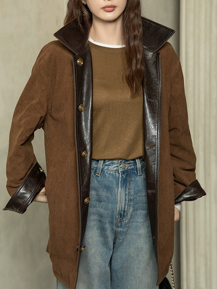 Reversible Waxed Leather Jacket Oversized Coat with Corduroy