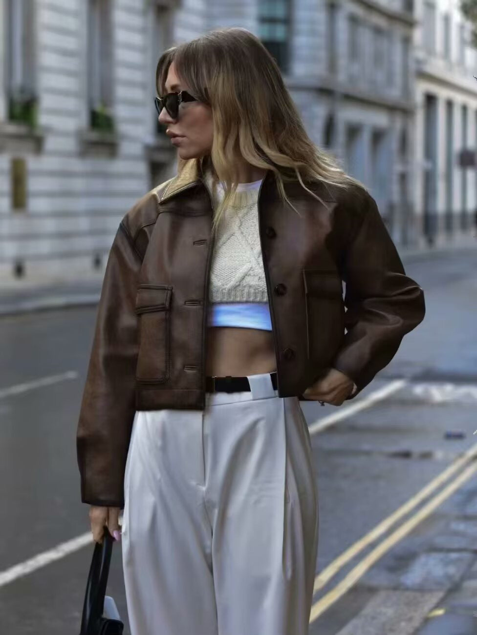Brown Faux Leather Bomber Jacket for Women Cropped