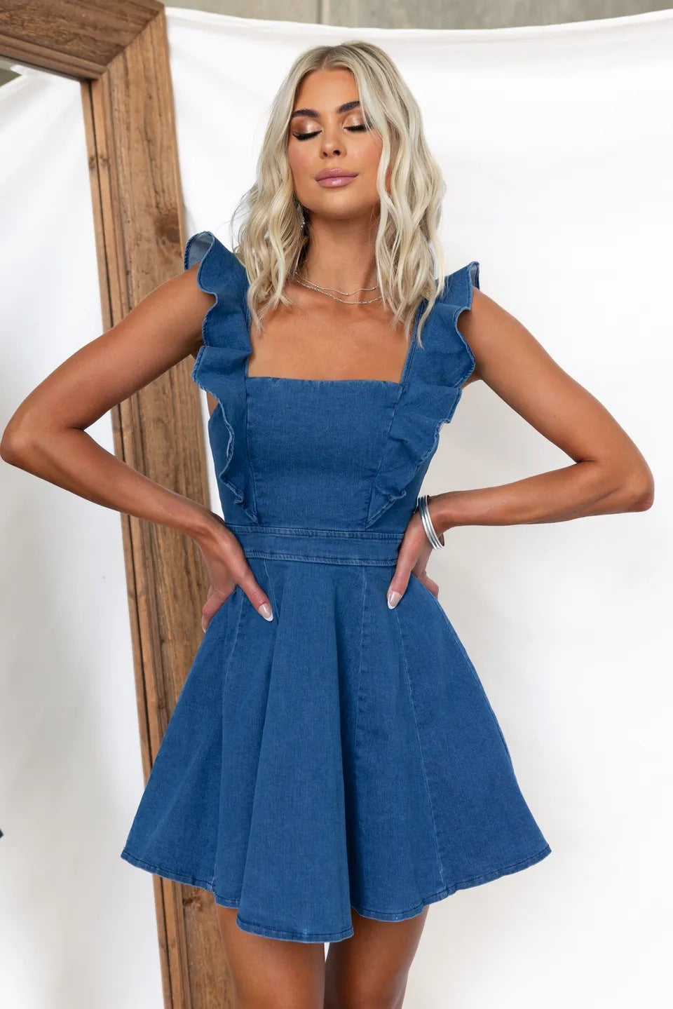 Women Denim Mini Dress Ruffle Sleeveless Blue Jean Dress