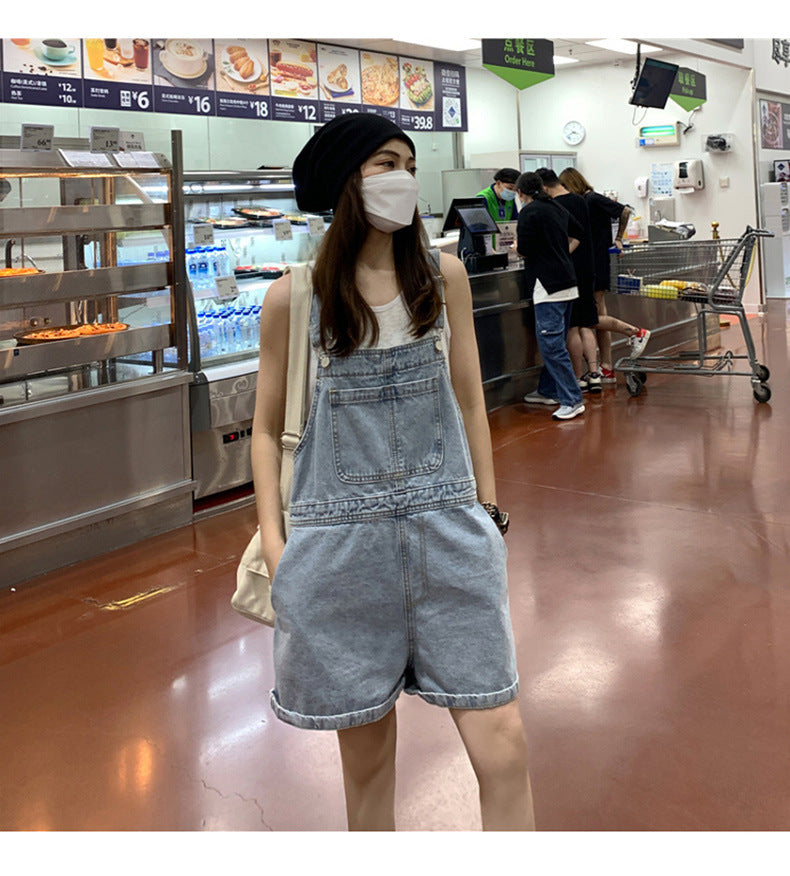 Denim Casual Distressed Overalls Bib Shorts
