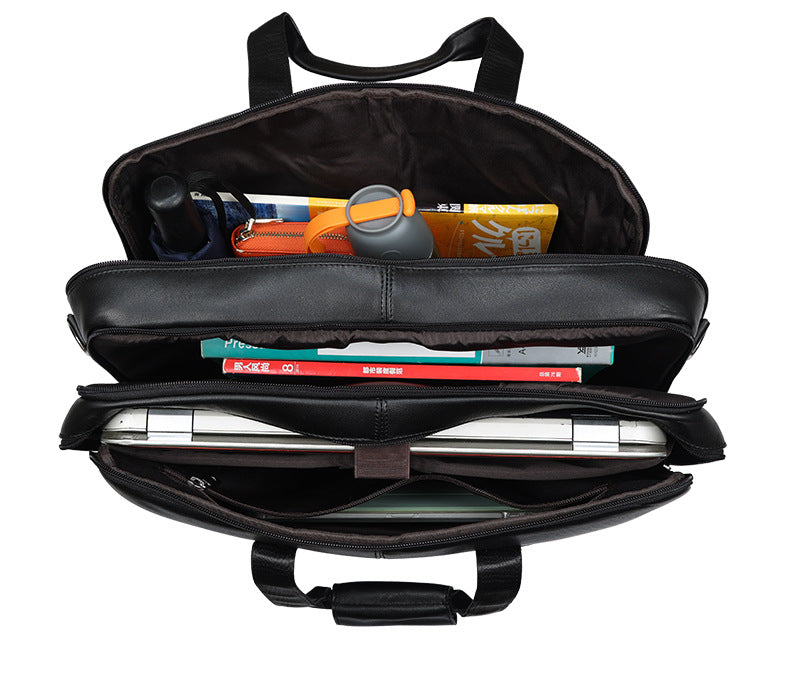men's genuine leather laptop office bag with trolley sleeve