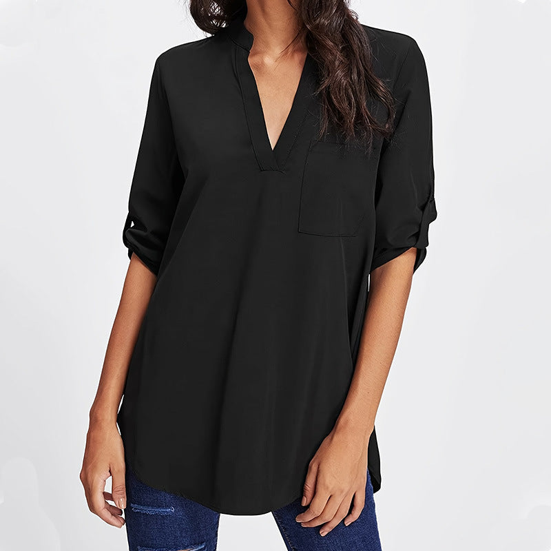 women long sleeve blouse Roll Tab Sleeve