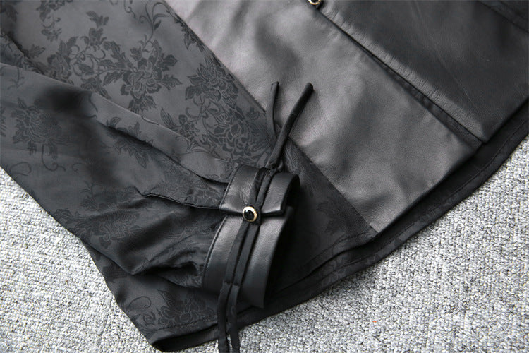 Leather Top for Women with Jacquard Sleeves and Mandarin Collar