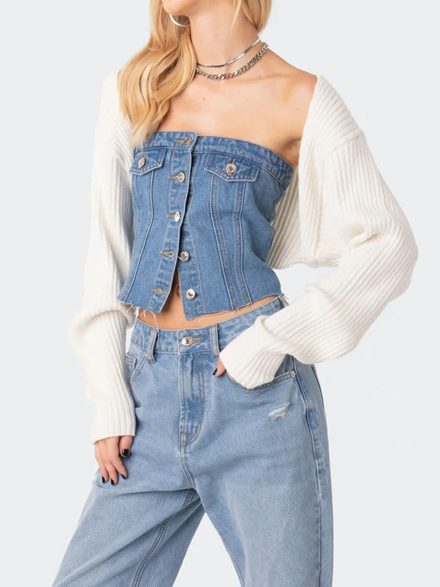 Women's Strapless Denim Button-Up Crop Top