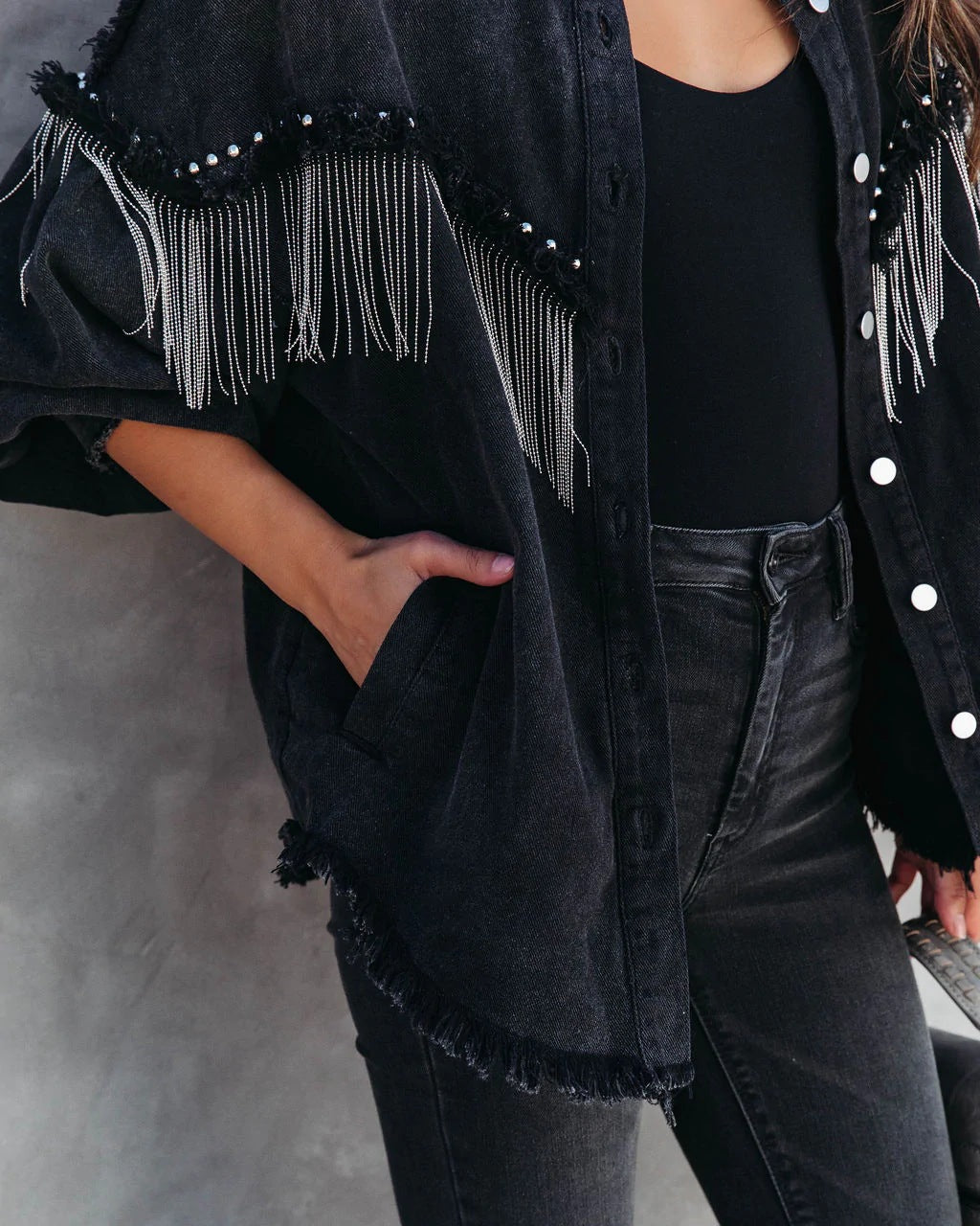 Women Denim Jacket with Chain Rivet Fringe