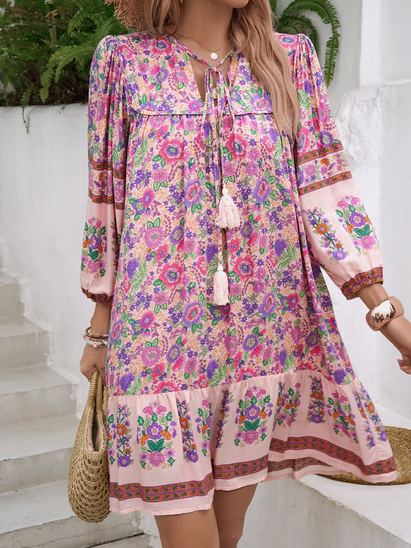 Floral Boho Mini Summer Dress with Tassels