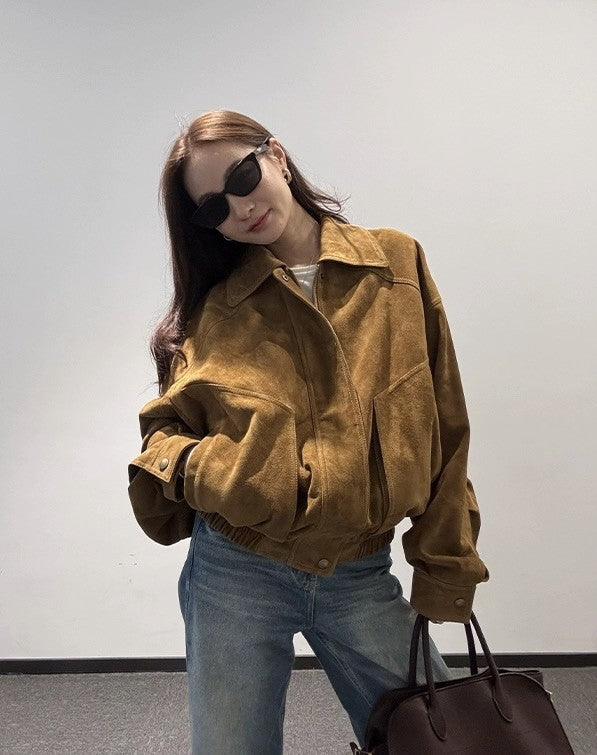 Brown Modern Biker Oversized Suede Jacket Women