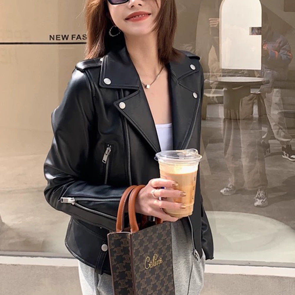 Women’s Genuine Leather Bomber Moto Jacket Black Short Fit