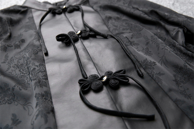 Leather Top for Women with Jacquard Sleeves and Mandarin Collar