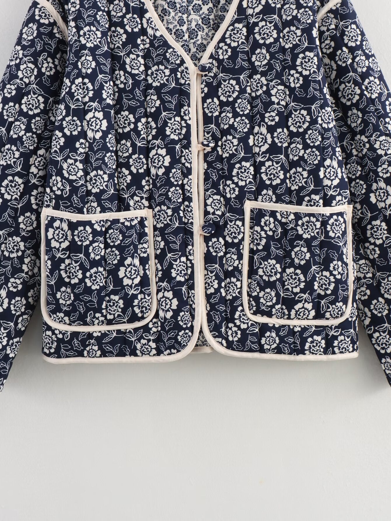 Women Floral Quilted Cotton Jacket Navy White