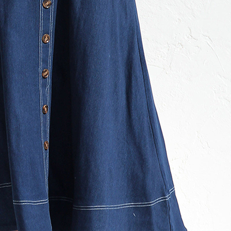 Denim Overall Long Dress with Buttons and Pockets for Women