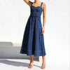 Denim Overall Long Dress with Buttons and Pockets for Women