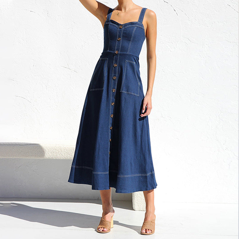 Denim Overall Long Dress with Buttons and Pockets for Women