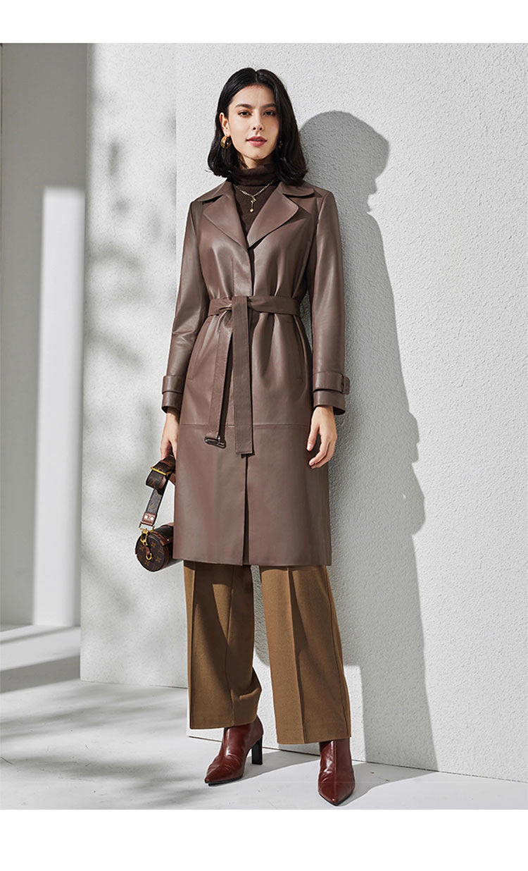 Women Brown Sheepskin Leather Trench Coat with Tie Waist